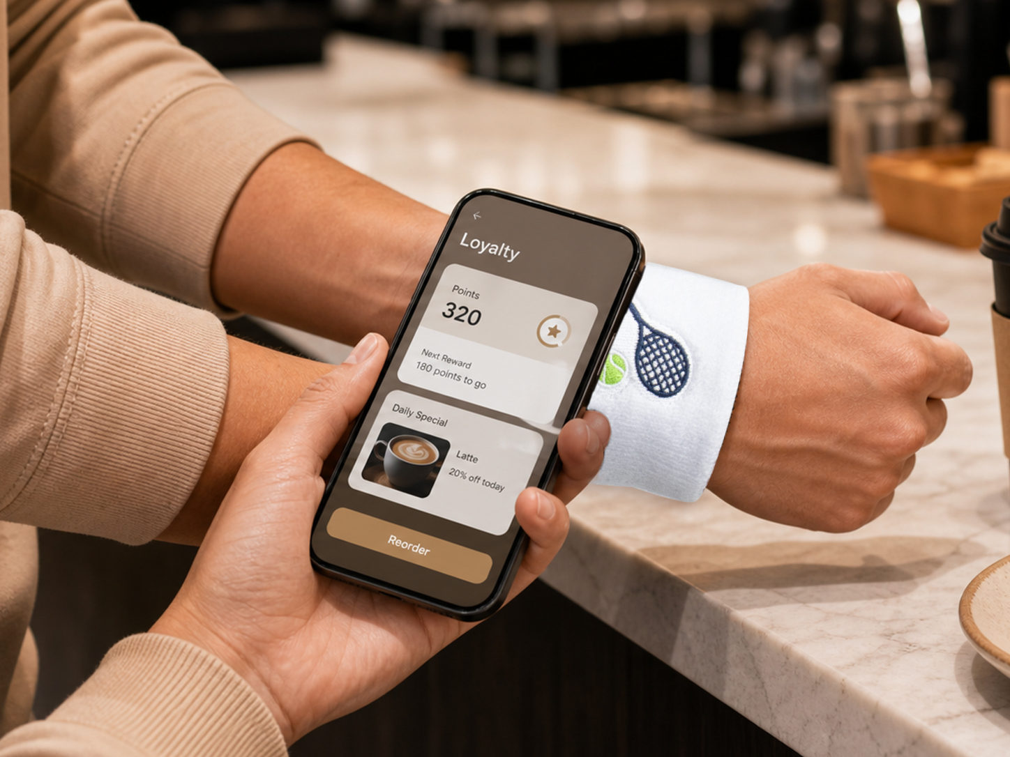 NFC wristband used for cafe loyalty interaction